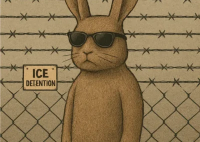 A political cartoon illustration of a serious-looking bunny wearing sunglasses, standing in front of a barbed-wire fence with a sign reading "ICE Detention." The image humorously critiques immigration detention policies in the United States.