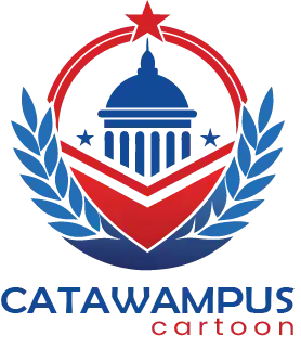 Catawampus Cartoons logo featuring a red and blue emblem with a star, laurel wreath, and dome symbol representing political cartoon art and editorial satire.