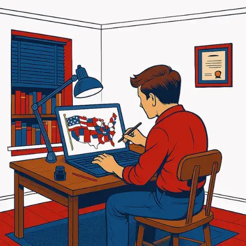 Cartoon artist drawing political cartoon on laptop in a creative studio for Catawampus Cartoons