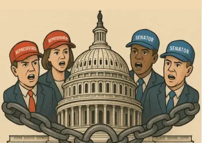 A political cartoon titled “Govt Lockdown or Locked In?” showing senators and representatives arguing in front of the U.S. Capitol, which is wrapped in chains and secured with a large padlock, symbolizing government gridlock and political dysfunction.