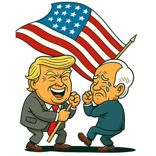 Funny political cartoon showing two politicians fighting for the American flag in comic style — a humorous take on U.S. politics.