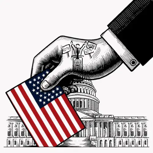 Hand placing American flag ballot into voting box with U.S. Capitol in background – political cartoon illustration on democracy and elections.