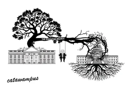 Illustration of the Executive Branch showing political satire with the White House and Capitol connected by a tree branch, representing U.S. politics in a humorous editorial cartoon style.