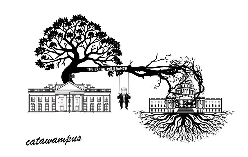 Illustration of the Executive Branch showing political satire with the White House and Capitol connected by a tree branch, representing U.S. politics in a humorous editorial cartoon style.