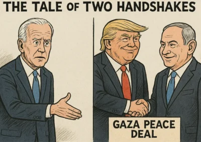 Editorial cartoon showing two contrasting handshakes symbolizing political dynamics around the Gaza peace deal a satirical illustration by Catawampus Cartoons.