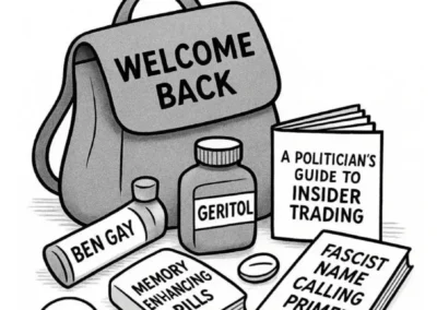 Political cartoon showing a satirical “Welcome Back” swag bag for members of Congress containing items like Geritol, Ben Gay, and books on insider trading and name-calling, by Catawampus Cartoons.