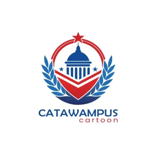 Catawampus Cartoons logo featuring a red and blue emblem with a star, laurel wreath, and dome symbol representing political cartoon art and editorial satire.