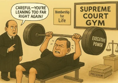 A political cartoon depicting a Supreme Court justice bench pressing weights labeled “Executive Power” at the “Supreme Court Gym,” while another judge warns, “Careful—you’re leaning too far right again!” The cartoon humorously critiques judicial bias and political leaning in the U.S. Supreme Court.