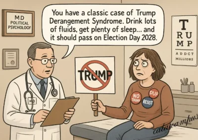 A political cartoon showing a doctor diagnosing a woman holding an anti-Trump sign with “Trump Derangement Syndrome,” humorously suggesting it will pass by Election Day 2028.