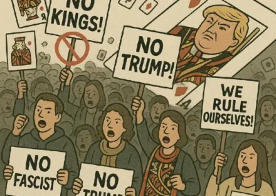 A political cartoon showing protesters holding signs like “No Trump,” “No Kings,” and “We Rule Ourselves,” while a large playing card depicts Donald Trump as the King. The cartoon satirically comments on political leadership, populism, and public dissent.