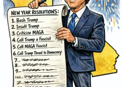 Political cartoon of a California governor caricature holding a New Year resolutions list focused on criticizing Trump and MAGA politics, illustrated with fireworks and satirical humor.