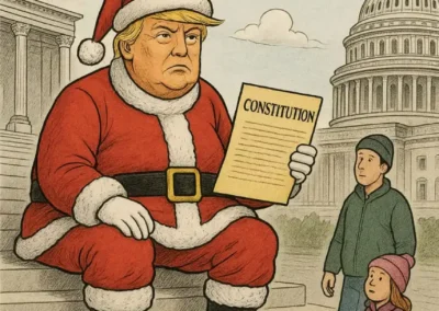 Satirical political cartoon showing a Santa Claus figure holding the Constitution and telling children there is no Santa Claus, symbolizing government truth-telling, constitutional realism, and political satire.