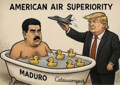 Political editorial cartoon illustrating global power dynamics with satire, featuring a bathtub scene symbolizing American air superiority and international tension.