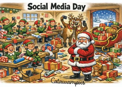 Editorial cartoon showing Santa Claus annoyed while elves and reindeer take selfies on Social Media Day inside a chaotic Christmas workshop filled with gifts and smartphones.