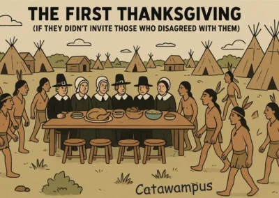 Satirical cartoon illustrating the First Thanksgiving where Pilgrims dine alone while Native Americans are excluded, highlighting political division and historical irony.