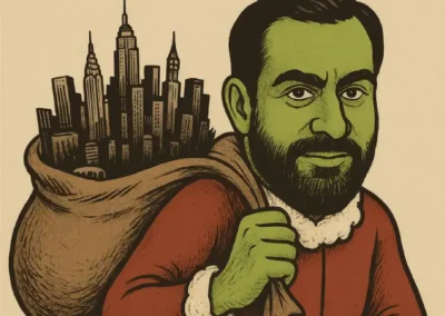 A political cartoon depicting a Grinch-like figure labeled “NYC Socialist Mayor Mamdani” carrying a sack filled with the New York City skyline, symbolizing political satire about socialism, governance, and leadership in New York City.
