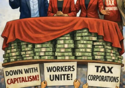Satirical political cartoon showing socialist leaders standing on a platform made of money while workers below protest capitalism, demand workers’ unity, and call to tax corporations.