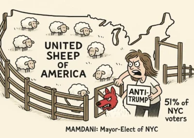 Political cartoon showing the United States labeled “United Sheep of America,” filled with sheep, as a satirical commentary on voter mentality, NYC politics, and anti-Trump sentiment.