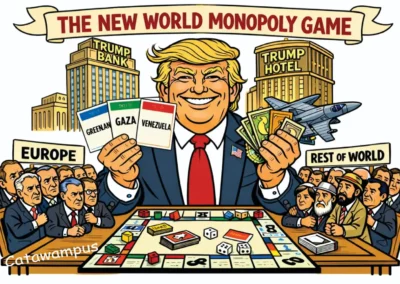A political cartoon titled "The New World Monopoly Game" showing a grinning Donald Trump playing Monopoly against world leaders. He holds property cards labeled "Greenland," "Gaza," and "Venezuela" while surrounded by a "Trump Bank" and "Trump Hotel." Grumpy representatives from "Europe" and the "Rest of World" sit across from him at the game board.