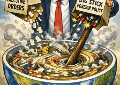 A political cartoon titled "Trump's Superbowl" showing Donald Trump pouring "Executive Orders" and "Big Stick Foreign Policy" (missiles) into a giant bowl shaped like the Earth, stirring the contents with a large wooden club.