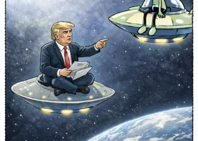 A political cartoon showing Donald Trump sitting cross-legged on a small flying saucer in space, holding documents and pointing. Above him, a small green alien in a separate saucer sends a message to its mothership stating, "We may have company. Their leader wants to release government UFO files." Earth is visible in the background.