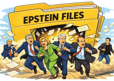 A political cartoon depicting an explosion from a giant yellow folder labeled "EPSTEIN FILES." Several caricatures of high-profile figures, including Hillary Clinton, Bill Clinton, Donald Trump, and Elon Musk, are shown running away in a panic as documents fly through the air.