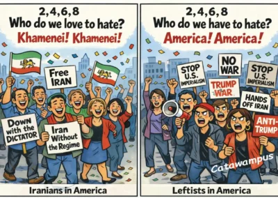 A political cartoon presented in two side-by-side panels with stylized cartoon illustrations of diverse crowds protesting against different figures and policies related to Iran. The left panel, titled "Iranians in America," shows a joyful group with "Free Iran" and "Down with the Dictator" signs, a Pre-revolutionary Iranian flag, and a text bubble asking "2, 4, 6, 8 Who do we love to hate? Khamenei! Khamenei!". The right panel, titled "Leftists in America," depicts an angry crowd with "Stop U.S. Imperialism," "No War," and "Hands Off Iran" signs, a Trump War pin, a protestor with a megaphone, and a text bubble asking "2, 4, 6, 8 Who do we have to hate? America! America!". Confetti falls around both groups. A Catawampus watermark is visible.
