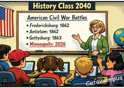 A political cartoon titled "History Class 2040" shows a teacher in a classroom with children. On the whiteboard, a list of "American Civil War Battles" includes historic dates like Fredericksburg (1862) and Gettysburg (1863), followed by a final, modern entry in red text: "Minneapolis: 2026."
