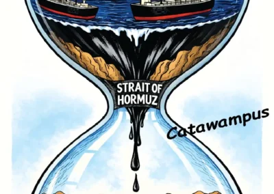 Editorial cartoon of an hourglass labeled "Strait of Hormuz" where oil tankers in a full upper ocean drip through a narrow neck into a dry, desert bottom. It symbolizes global energy insecurity and the precariousness of oil supply chokepoints.