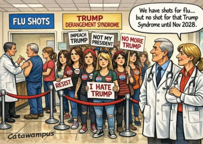 A political cartoon set in a medical clinic with two lines. On the left, people wait for "Flu Shots." On the right, a crowd of angry protestors holds signs like "I Hate Trump," "Resist," and "Not My President" under a sign labeled "Trump Derangement Syndrome." Two doctors in the foreground watch them, with one saying, "We have shots for flu... but no shot for that Trump Syndrome until Nov 2028.
